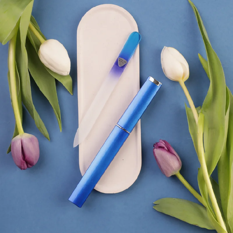 nail repair for chipped nails-Single Glass Nail File in Aqua/Cobalt with Hard Case