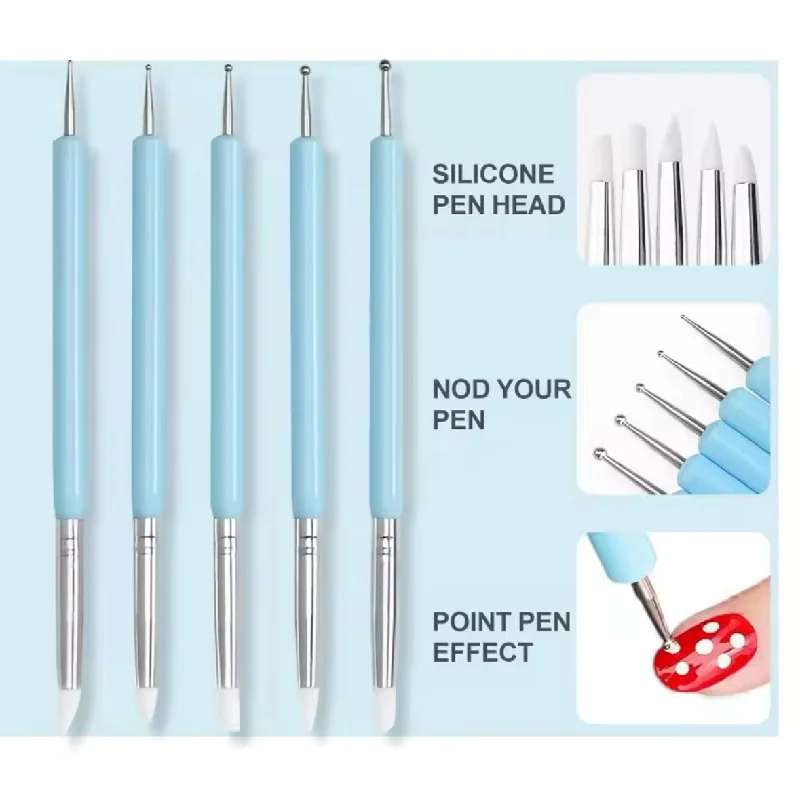 nail repair with base coat-5PCS/SET DOUBLE-ENDED SILICONE HEAD CARVING & DOTTING PEN